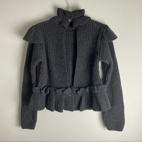 GANNI Rib Ruffle Trim Turtleneck Sweater Gray Wool Open Back Large - Picture 3 of 15